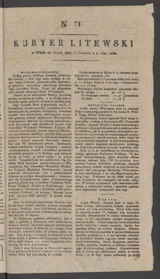 Kuryer Litewski. 1821, numer&nbsp;71