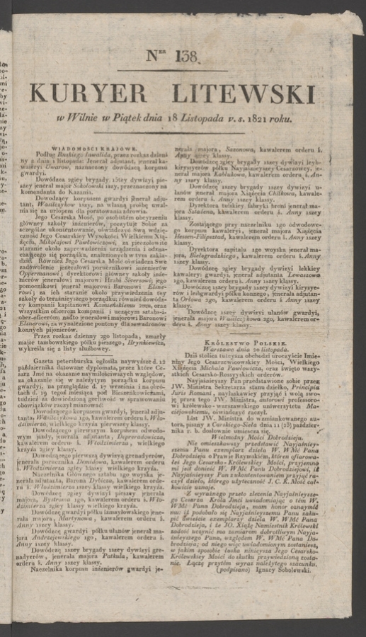 Kuryer Litewski. 1821, numer&nbsp;138