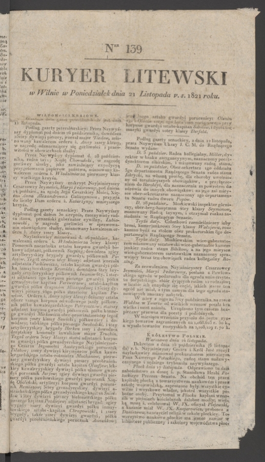 Kuryer Litewski. 1821, numer 139