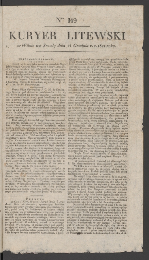 Kuryer Litewski. 1821, numer 149