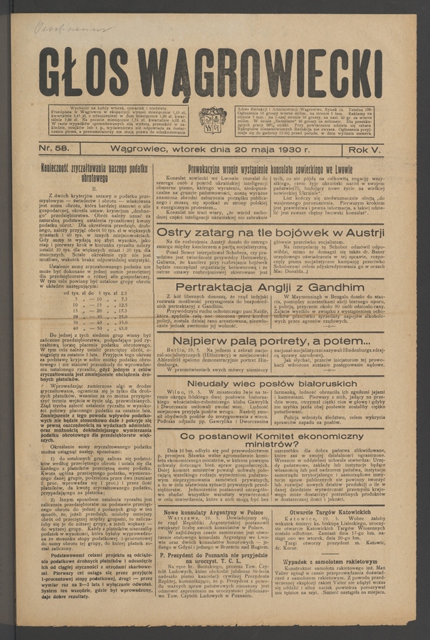 Głos Wągrowiecki. Rok&nbsp;5, 1930, numer&nbsp;58