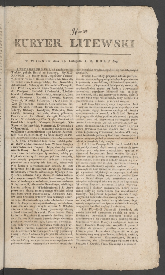 Kuryer Litewski. 1809, numero 92