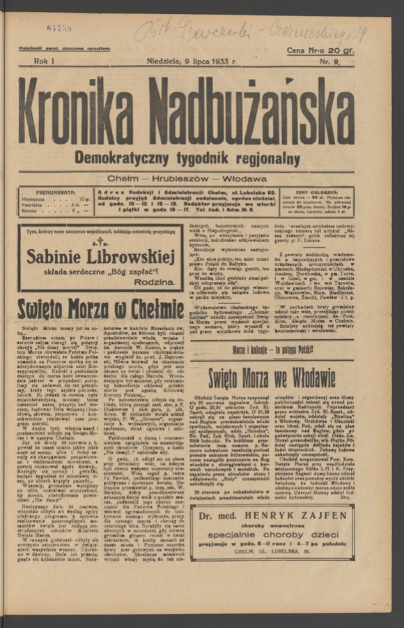 Kronika Nadbużańska&nbsp;: demokratyczny tygodnik regjonalny. Rok&nbsp;1, 1933, numer&nbsp;9