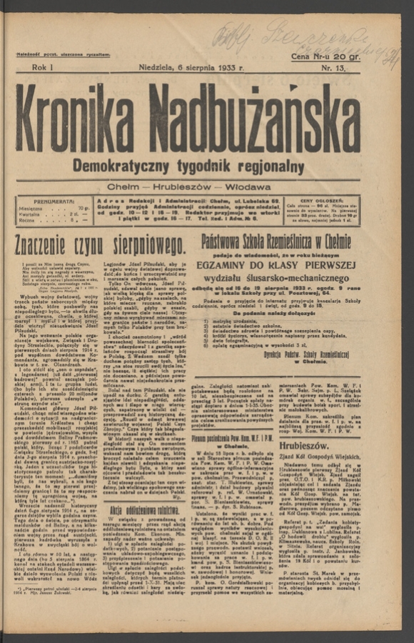 Kronika Nadbużańska&nbsp;: demokratyczny tygodnik regjonalny. Rok&nbsp;1, 1933, numer&nbsp;13