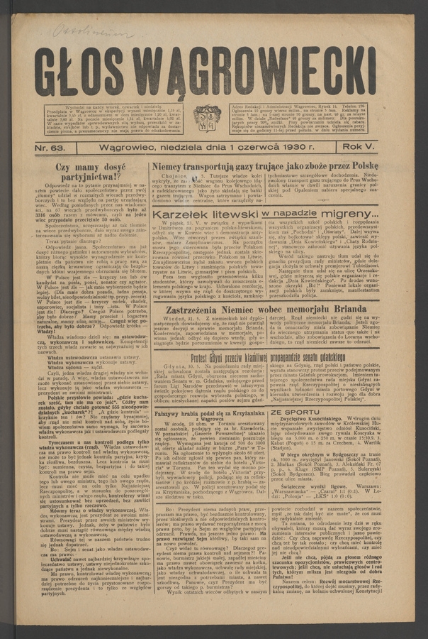 Głos Wągrowiecki. Rok&nbsp;5, 1930, numer&nbsp;63