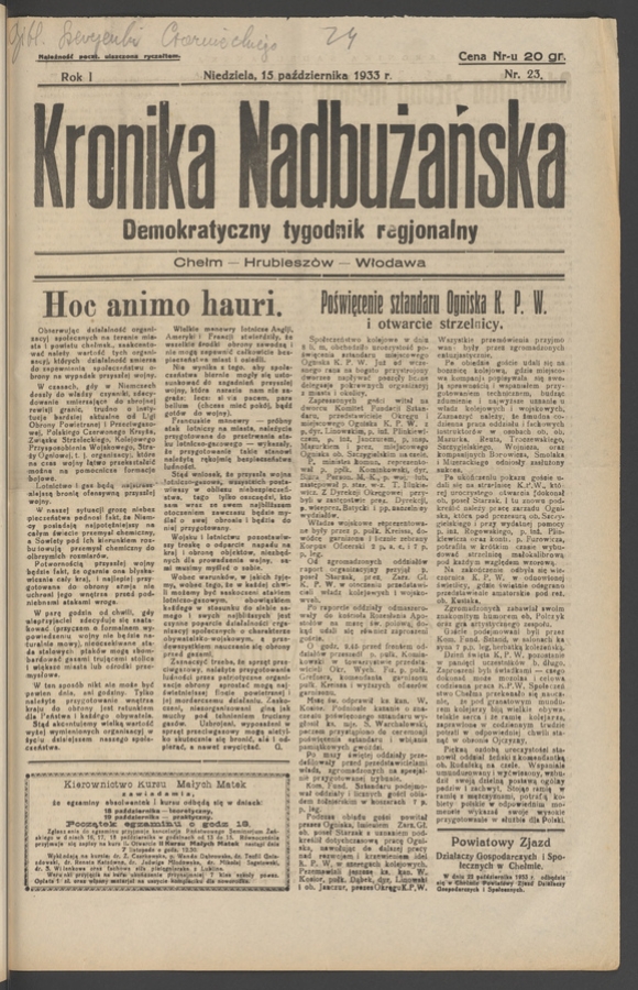 Kronika Nadbużańska&nbsp;: demokratyczny tygodnik regjonalny. Rok&nbsp;1, 1933, numer&nbsp;23