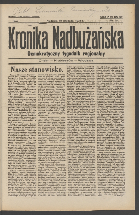 Kronika Nadbużańska&nbsp;: demokratyczny tygodnik regjonalny. Rok&nbsp;1, 1933, numer&nbsp;28
