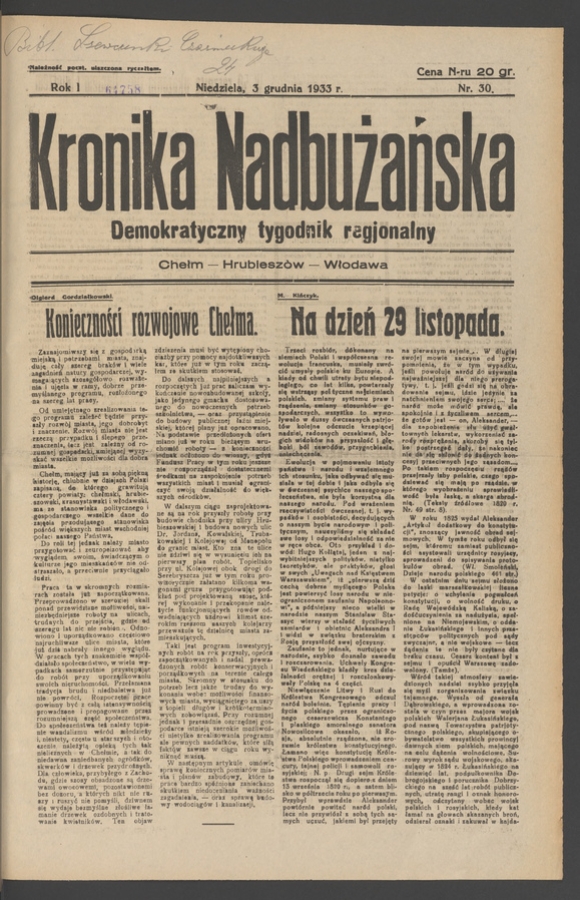 Kronika Nadbużańska&nbsp;: demokratyczny tygodnik regjonalny. Rok&nbsp;1, 1933, numer&nbsp;30
