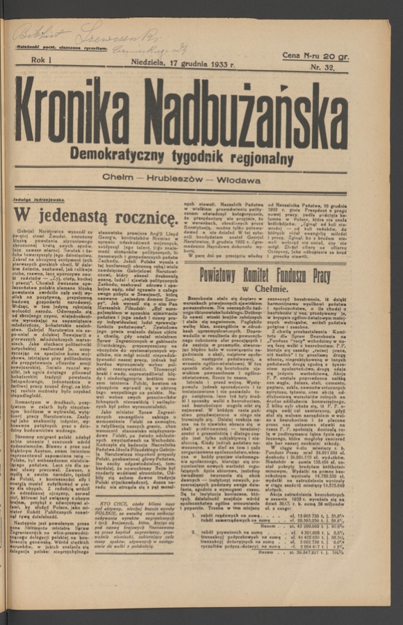 Kronika Nadbużańska&nbsp;: demokratyczny tygodnik regjonalny. Rok&nbsp;1, 1933, numer&nbsp;32
