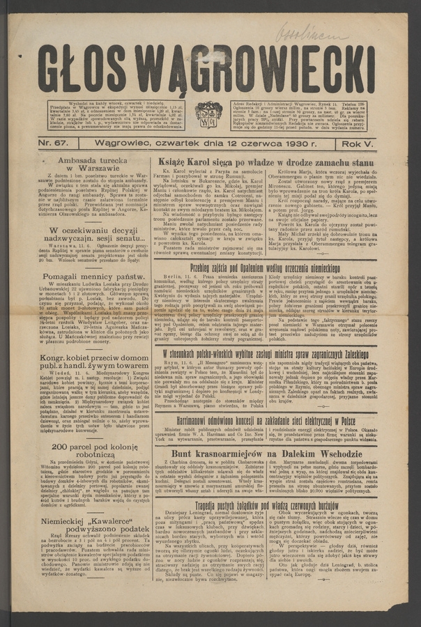 Głos Wągrowiecki. Rok&nbsp;5, 1930, numer&nbsp;67