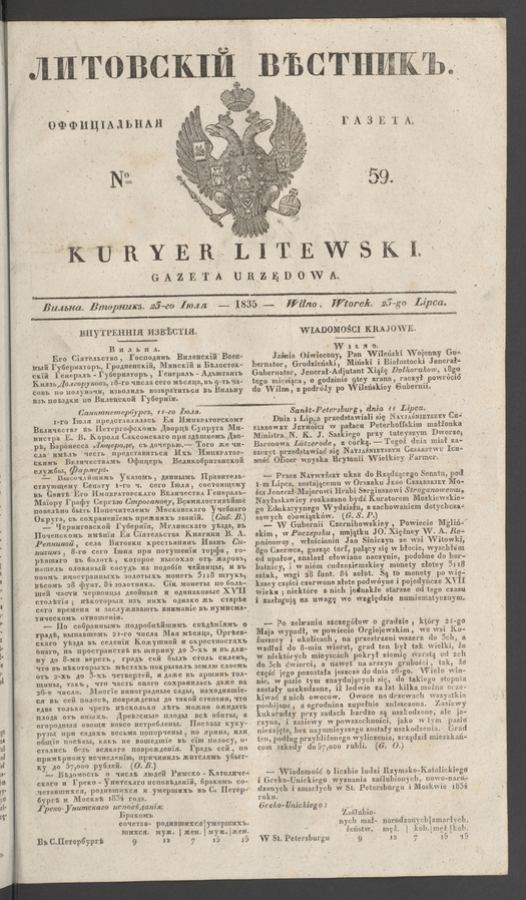 Литовскій Вѣстникъ : оффиціальная газета. 1835, numero 59