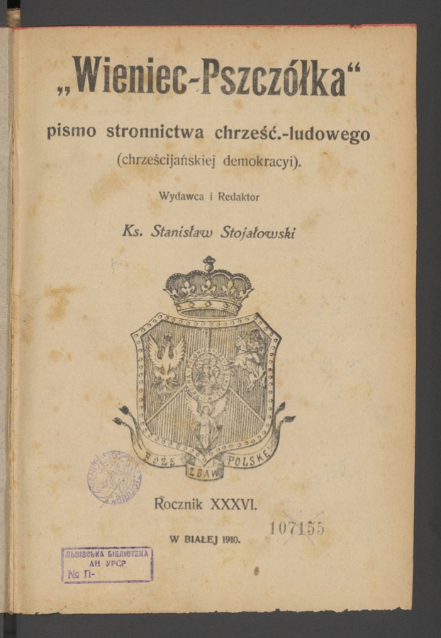 Wieniec-Pszcz&oacute;łka&nbsp;: pismo polskiej chrześcijańskiej demokracyi. Rok&nbsp;36, 1910, spis treści