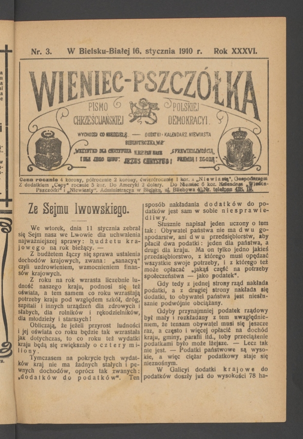 Wieniec-Pszczółka : pismo polskiej chrześcijańskiej demokracyi. Rok 36, 1910, numer 3