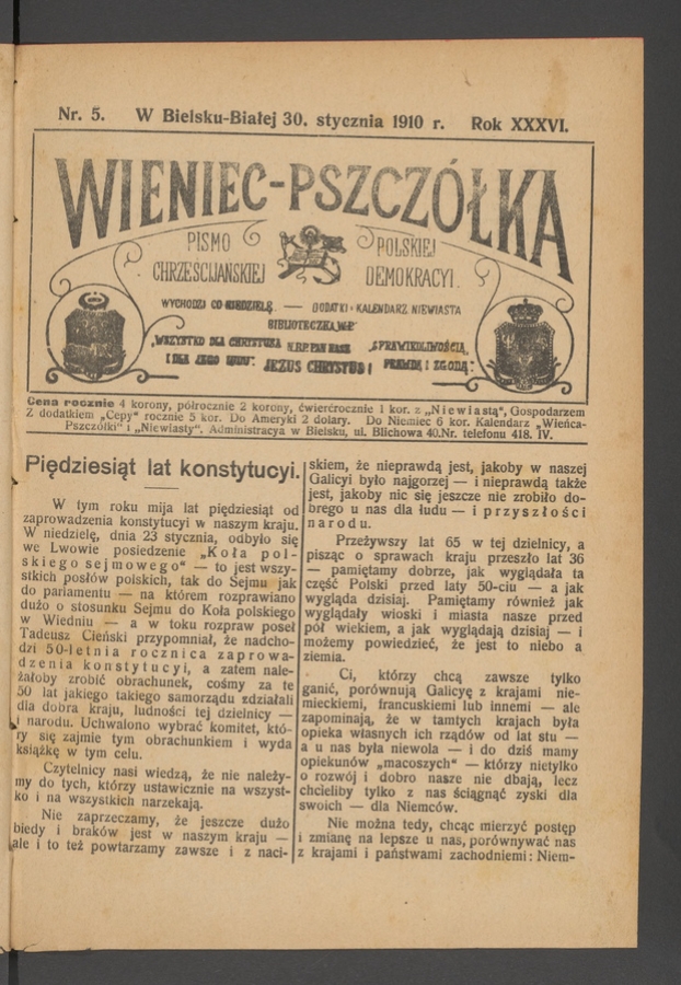 Wieniec-Pszcz&oacute;łka&nbsp;: pismo polskiej chrześcijańskiej demokracyi. Rok&nbsp;36, 1910, numer&nbsp;5