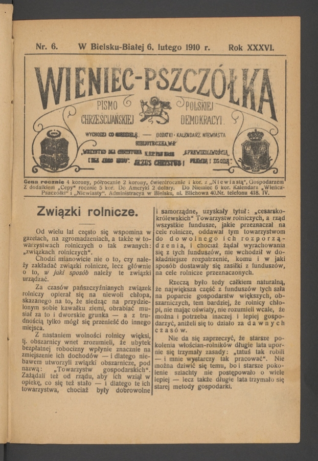Wieniec-Pszcz&oacute;łka&nbsp;: pismo polskiej chrześcijańskiej demokracyi. Rok&nbsp;36, 1910, numer&nbsp;6