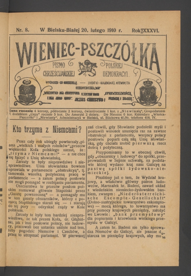 Wieniec-Pszcz&oacute;łka&nbsp;: pismo polskiej chrześcijańskiej demokracyi. Rok&nbsp;36, 1910, numer&nbsp;8