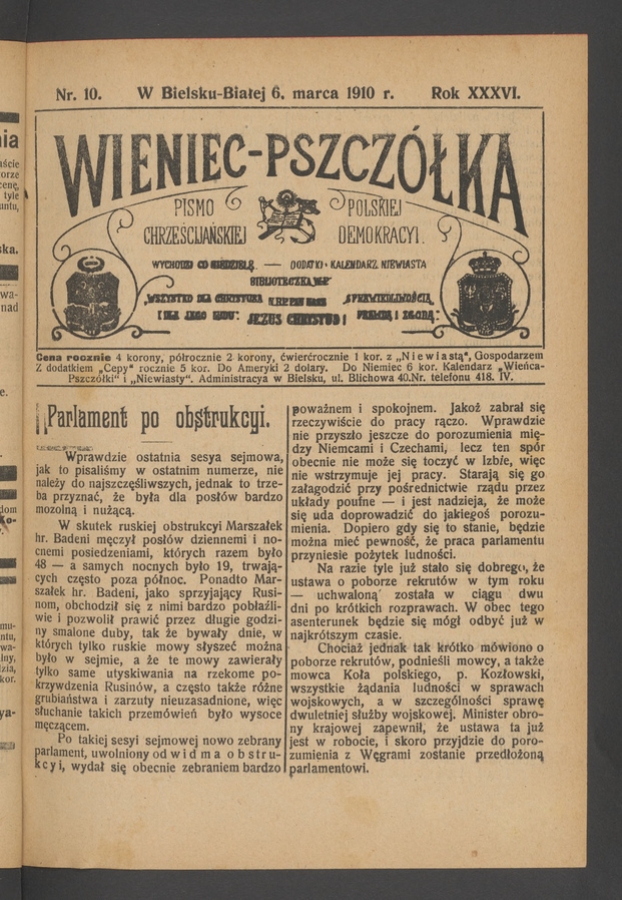 Wieniec-Pszczółka : pismo polskiej chrześcijańskiej demokracyi. Rok 36, 1910, numer 10
