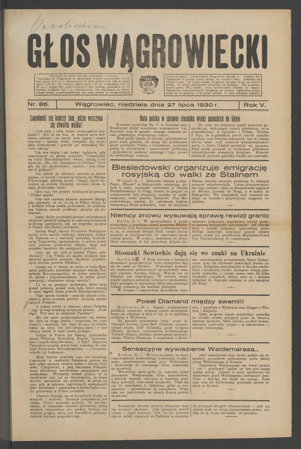Głos Wągrowiecki. Rok&nbsp;5, 1930, numer&nbsp;86