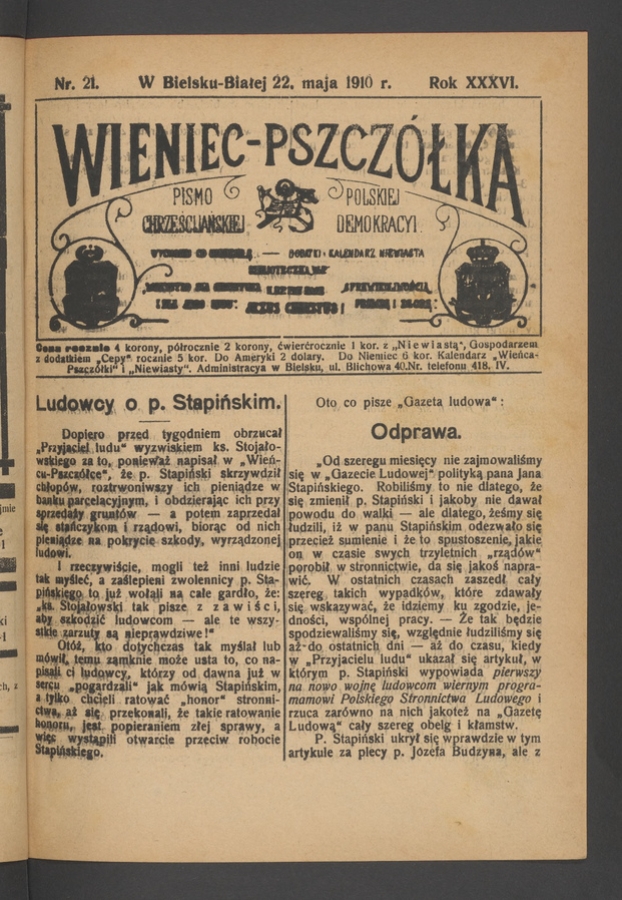 Wieniec-Pszcz&oacute;łka&nbsp;: pismo polskiej chrześcijańskiej demokracyi. Rok&nbsp;36, 1910, numer&nbsp;21