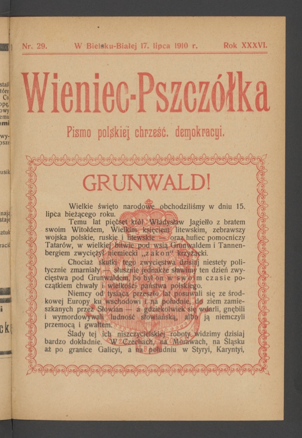 Wieniec-Pszcz&oacute;łka&nbsp;: pismo polskiej chrześcijańskiej demokracyi. Rok&nbsp;36, 1910, numer&nbsp;29