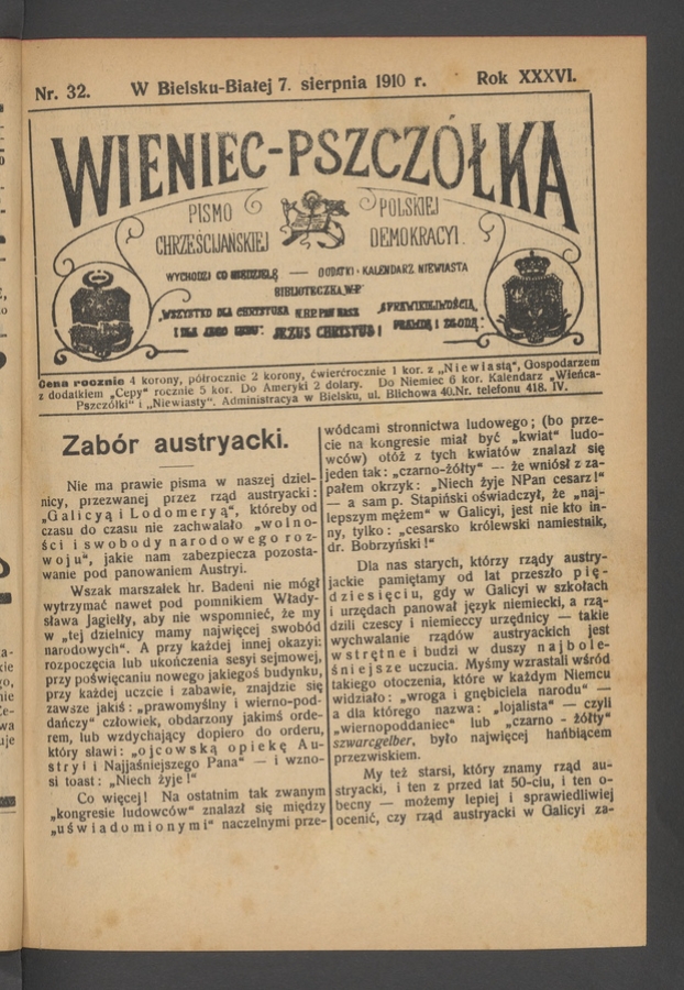 Wieniec-Pszcz&oacute;łka&nbsp;: pismo polskiej chrześcijańskiej demokracyi. Rok&nbsp;36, 1910, numer&nbsp;32