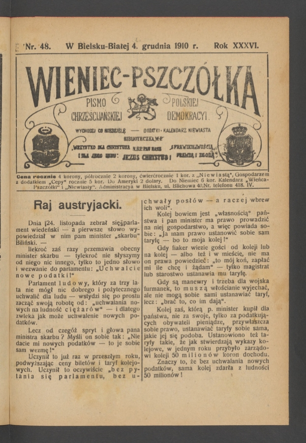 Wieniec-Pszcz&oacute;łka&nbsp;: pismo polskiej chrześcijańskiej demokracyi. Rok&nbsp;36, 1910, numer&nbsp;48