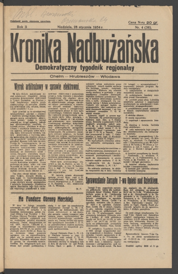 Kronika Nadbużańska&nbsp;: demokratyczny tygodnik regjonalny. Rok&nbsp;2, 1934, numer&nbsp;4