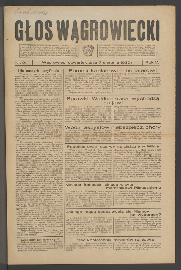 Głos Wągrowiecki. Rok&nbsp;5, 1930, numer&nbsp;91