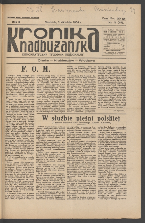 Kronika Nadbużańska&nbsp;: demokratyczny tygodnik regjonalny. Rok&nbsp;2, 1934, numer&nbsp;14
