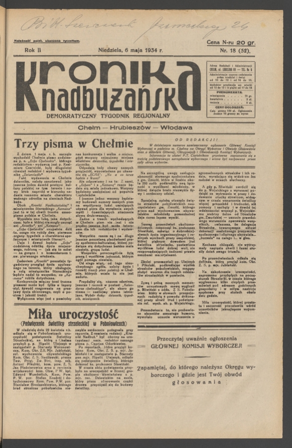Kronika Nadbużańska&nbsp;: demokratyczny tygodnik regjonalny. Rok&nbsp;2, 1934, numer&nbsp;18