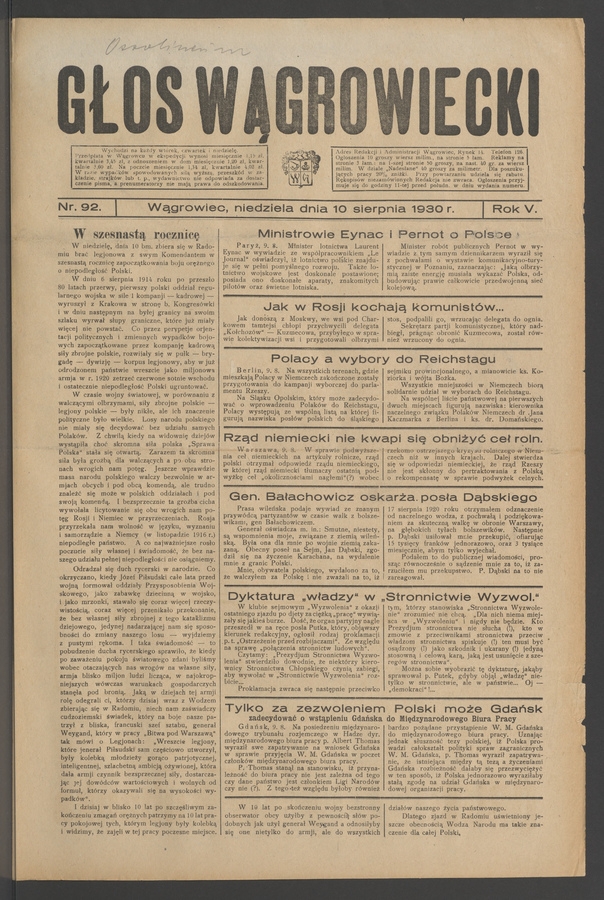 Głos Wągrowiecki. Rok&nbsp;5, 1930, numer&nbsp;92