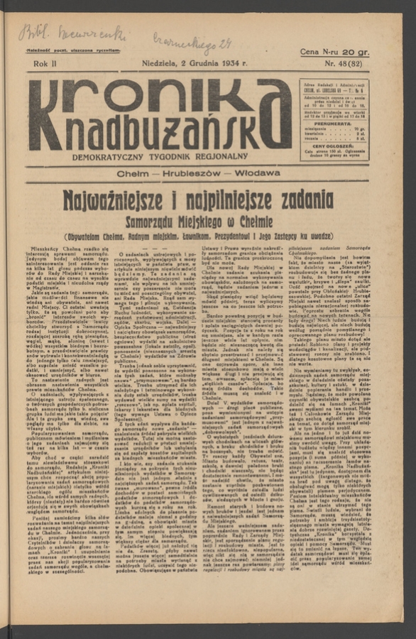 Kronika Nadbużańska&nbsp;: demokratyczny tygodnik regjonalny. Rok&nbsp;2, 1934, numer&nbsp;48