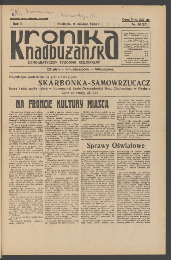 Kronika Nadbużańska&nbsp;: demokratyczny tygodnik regjonalny. Rok&nbsp;2, 1934, numer&nbsp;49