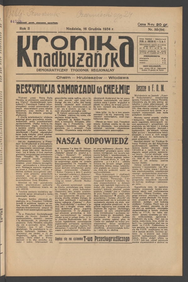 Kronika Nadbużańska&nbsp;: demokratyczny tygodnik regjonalny. Rok&nbsp;2, 1934, numer&nbsp;50
