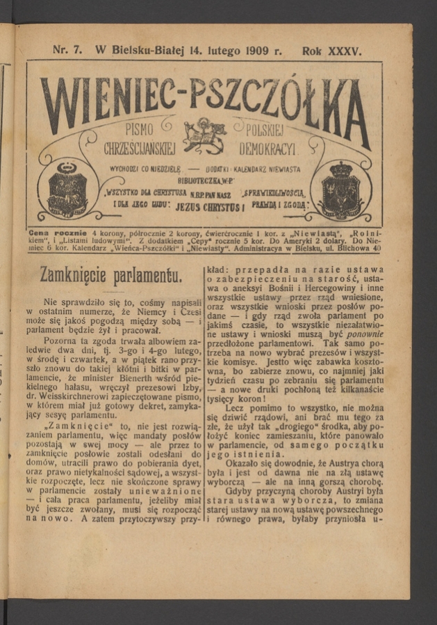 Wieniec-Pszcz&oacute;łka&nbsp;: pismo polskiej chrześcijańskiej demokracyi. Rok&nbsp;35, 1909, numer&nbsp;7