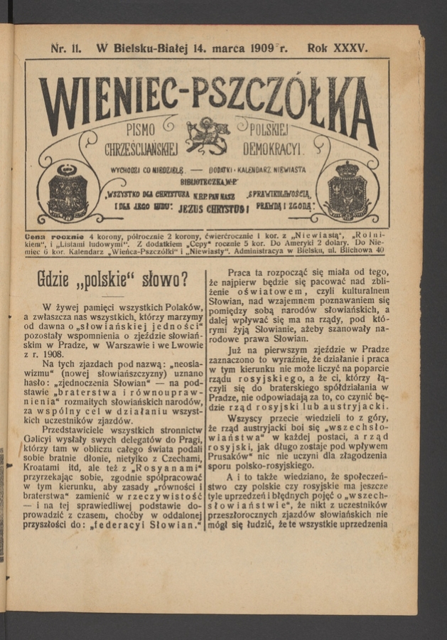 Wieniec-Pszcz&oacute;łka&nbsp;: pismo polskiej chrześcijańskiej demokracyi. Rok&nbsp;35, 1909, numer&nbsp;11