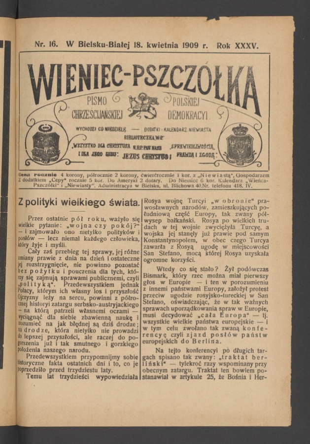 Wieniec-Pszcz&oacute;łka&nbsp;: pismo polskiej chrześcijańskiej demokracyi. Rok&nbsp;35, 1909, numer&nbsp;16