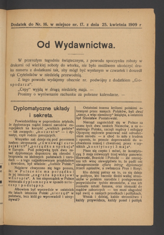 Wieniec-Pszcz&oacute;łka&nbsp;: pismo polskiej chrześcijańskiej demokracyi. Rok&nbsp;35, 1909, dodatek do&nbsp;numeru&nbsp;16 w&nbsp;miejsce numeru&nbsp;17 z&nbsp;dnia 25&nbsp;kwietnia 1909