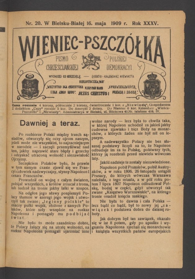 Wieniec-Pszcz&oacute;łka&nbsp;: pismo polskiej chrześcijańskiej demokracyi. Rok&nbsp;35, 1909, numer&nbsp;20