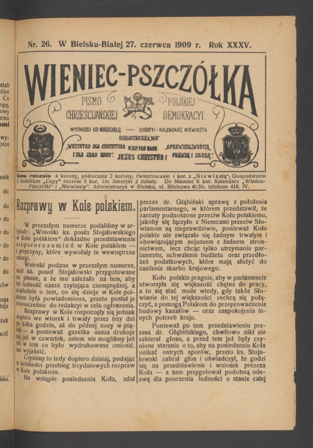 Wieniec-Pszczółka : pismo polskiej chrześcijańskiej demokracyi. Rok 35, 1909, numer 26
