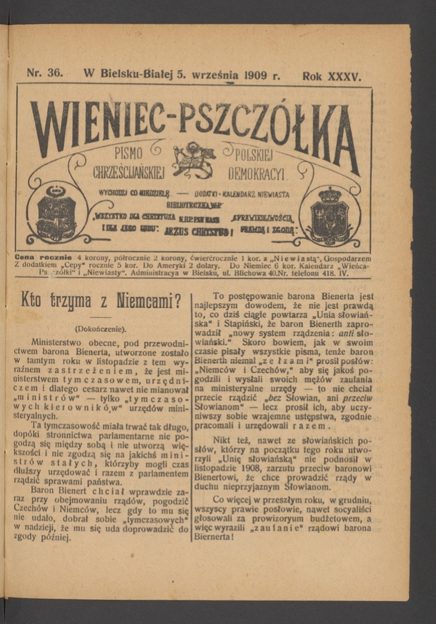 Wieniec-Pszczółka : pismo polskiej chrześcijańskiej demokracyi. Rok 35, 1909, numer 36