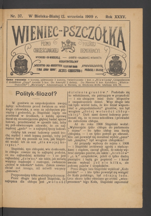 Wieniec-Pszczółka : pismo polskiej chrześcijańskiej demokracyi. Rok 35, 1909, numer 37