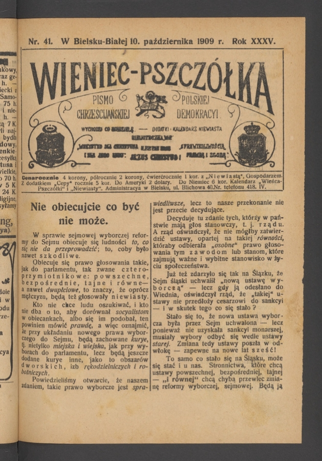 Wieniec-Pszczółka : pismo polskiej chrześcijańskiej demokracyi. Rok 35, 1909, numer 41