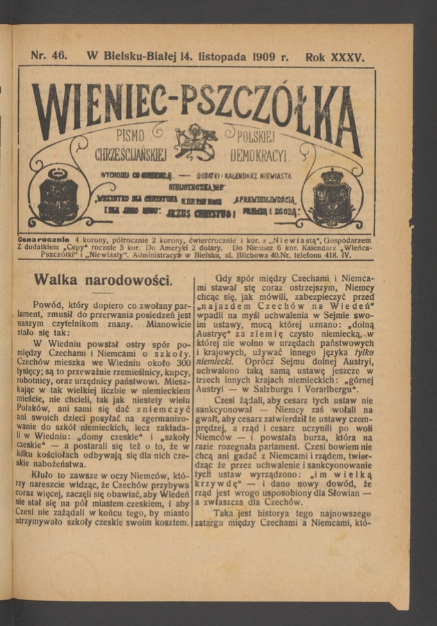 Wieniec-Pszczółka : pismo polskiej chrześcijańskiej demokracyi. Rok 35, 1909, numer 46