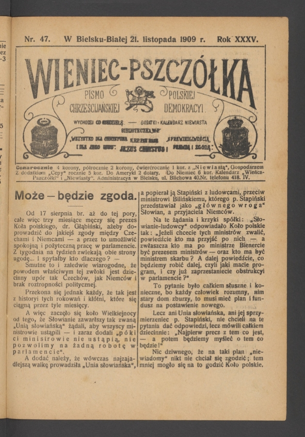 Wieniec-Pszczółka : pismo polskiej chrześcijańskiej demokracyi. Rok 35, 1909, numer 47