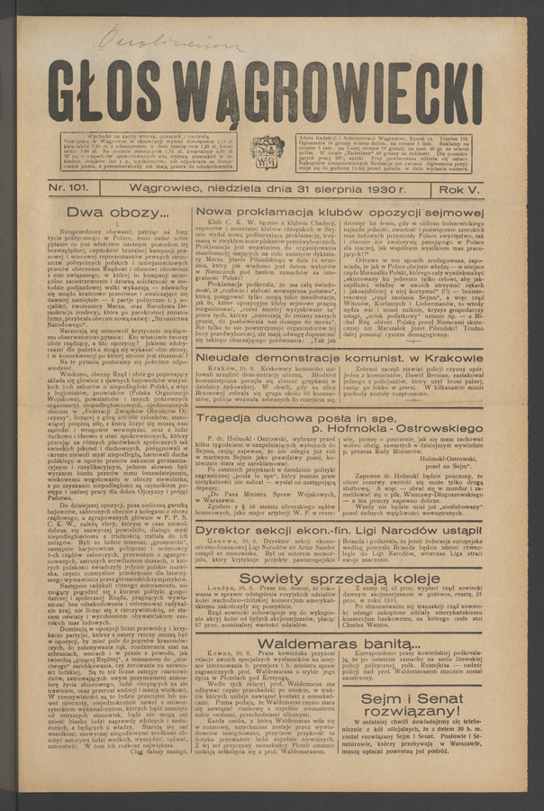 Głos Wągrowiecki. Rok&nbsp;5, 1930, numer&nbsp;101