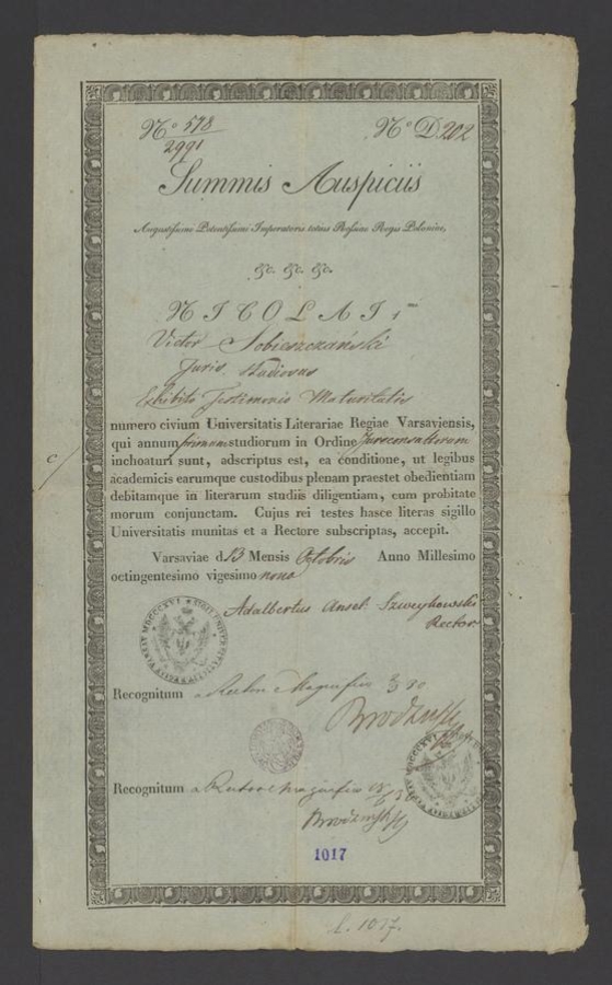 Атестат зрілості Віктора Собещанського, студента права Варшавського університету