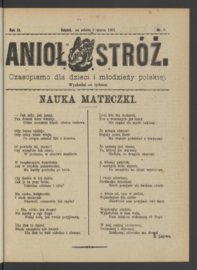 Anioł Str&oacute;ż&nbsp;: czasopismo dla&nbsp;dzieci i&nbsp;młodzieży polskiej. Rok 9, 1901, numer&nbsp;9