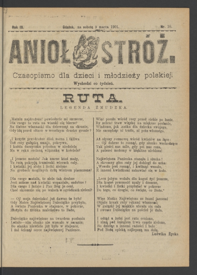 Anioł Str&oacute;ż&nbsp;: czasopismo dla&nbsp;dzieci i&nbsp;młodzieży polskiej. Rok 9, 1901, numer&nbsp;10