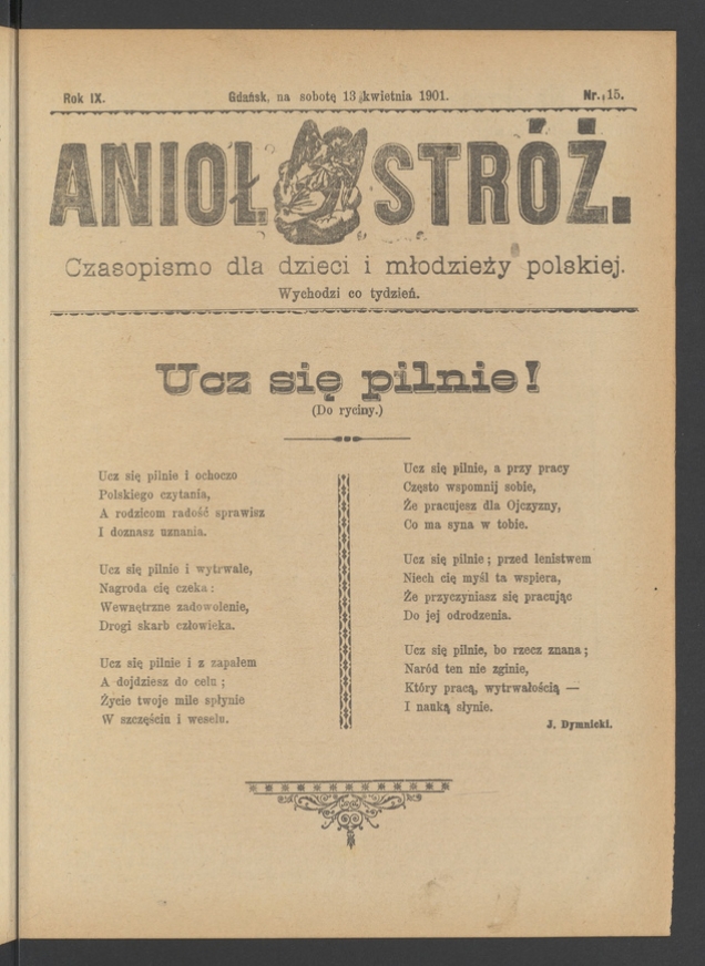 Anioł Str&oacute;ż&nbsp;: czasopismo dla&nbsp;dzieci i&nbsp;młodzieży polskiej. Rok 9, 1901, numer&nbsp;15